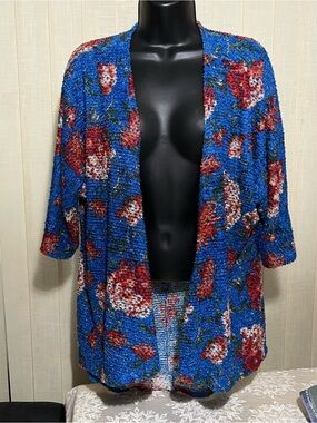 Lularoe Oversized Blue Floral Open-Front Bouclé High Low Cardigan Like New!